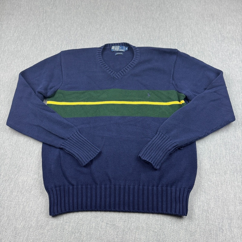 Vintage Polo Ralph Lauren Sweater Mens Medium Blue V Neck Pullover Cotton Knit